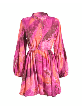 Ble Φορεμα Κοντο με 3/4 Μανικι σε Μωβ/ροζ Χρωμα και Χρυσες Λεπτομερειες one Size(100% Crepe)