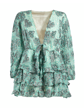 Ble Φορεμα Κοντο με Μακρυ Μανικι Τυρκουαζ με Λουλουδια και Lurex one Size (Viscose Georgette)