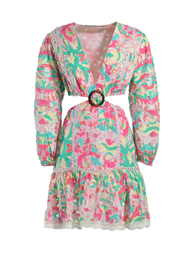 Ble Φορεμα Κοντο με Μακρυ Μανικι και Ανοιγμα στη Πλατη Πολυχρωμο one Size (100% Cotton)