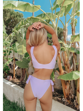 Tie Front High Waisted Bikini Swimwear - Purple Μωβ