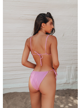 Tie Front Ribbed Triangle High Cut Bikini Swimwear - Fuchsia Φούξια