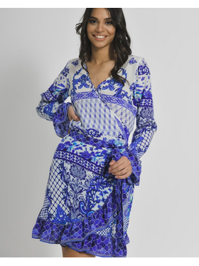 Ble Φορεμα Κρουαζε Λευκο Μπλε με Σχεδια one Size (100%pure Silk)