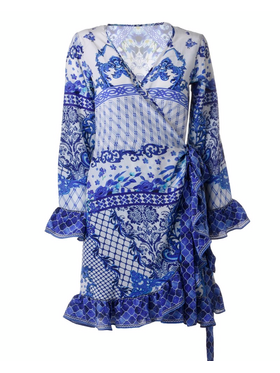 Ble Φορεμα Κρουαζε Λευκο Μπλε με Σχεδια one Size (100%pure Silk)