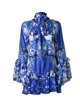 Ble Φορεμα Μακρυμανικο Λευκο Μπλε με Σχεδια one Size (100%viscose Satin)