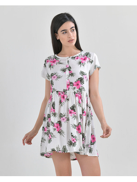 Ble Φορεμα Εκρου με Φουξ Λουλουδια one Size (100% Viscose)