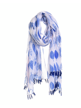 Ble Φουλαρι/παρεο Λευκο με Μπλε Σχεδια και Φουντακια 100χ180 (100% Cotton)