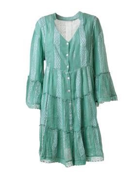 Ble Φορεμα/καφτανι Πρασινο με Λευκα Σχεδια και Lurex one Size (100% Viscose)
