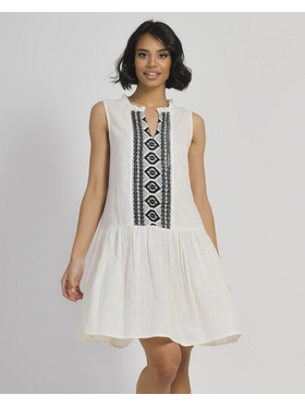 Ble Φορεμα Κοντο Αμανικο Λευκο με Μαυρο Κεντημα οne Size (100% Cotton)