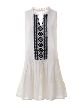 Ble Φορεμα Κοντο Αμανικο Λευκο με Μαυρο Κεντημα οne Size (100% Cotton)