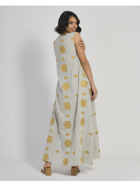 Ble Φορεμα Μακρυ Αμανικο Γκρι Ανοιχτο με Χρυσο Κεντημα s/m (60%cotton,40%linen)