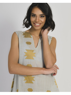 Ble Φορεμα Μακρυ Αμανικο Γκρι Ανοιχτο με Χρυσο Κεντημα s/m (60%cotton,40%linen)