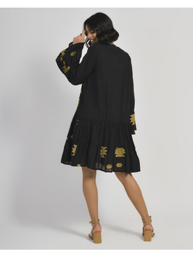 Ble Φορεμα Κοντο Μακρυμανικο Μαυρο με Χρυσο Κεντημα (60%cotton,40%linen)