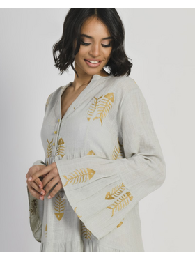 Ble Φορεμα Κοντο Μακρυμανικο Γκρι Ανοιχτο με Χρυσο Κεντημα Ψαροκοκκαλο m/l (60%cotton,40%linen)