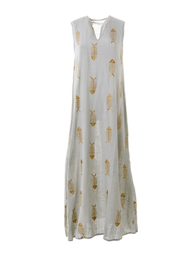 Ble Φορεμα Μακρυ Αμανικο Γκρι Ανοιχτο με Χρυσο Κεντημα Ψαροκοκκαλο m/l (60%cotton,40%linen)