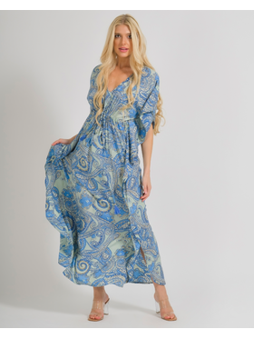 Ble Καφτανι/φορεμα Μακρυ σε Μπλε/γκρι Χρωμα με Χρυσες Λεπτομερειες one Size (100% Crepe)