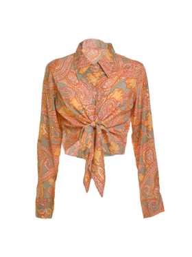 Ble Τοπ/πουκαμισακι με Δεσιμο σε Πορτοκαλι/γκρι Χρωμα με Χρυσες Λεπτομερειες one Size  (100% Crepe) .