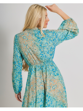 Ble Φορεμα Κοντο με Μακρυ Μανικι σε Τυρκουαζ/μπεζ  Χρωμα με Χρυσες Λεπτομερειες one Size  (100% Crepe)