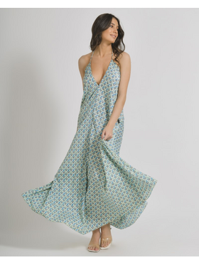 Ble Φορεμα Αμανικο σε Τυρκουαζ/μπεζ/γκρι Χρωμα με Χρυσες Λεπτομερειες one Size (100% Crepe)