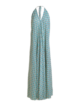 Ble Φορεμα Αμανικο σε Τυρκουαζ/μπεζ/γκρι Χρωμα με Χρυσες Λεπτομερειες one Size (100% Crepe)
