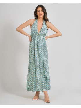 Ble Φορεμα Αμανικο σε Τυρκουαζ/μπεζ/γκρι Χρωμα με Χρυσες Λεπτομερειες one Size (100% Crepe) .