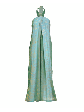 Ble Ολοσωμη Φορμα Μακρια Αμανικη σε Πρασινο/μπλε Χρωμα Ομπρε με Χρυσες Λεπτομερειες one Size  (100% Crepe)
