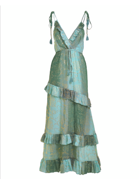 Ble Φορεμα Αμανικο σε Πρασινο/μπλε Χρωμα Ομπρε με Χρυσες Λεπτομερειες one Size (100% Crepe).