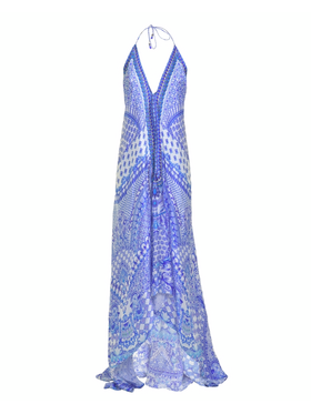 Ble Φορεμα Αμανικο Λευκο/μπλε με Σχεδια one Size (100%viscose Satin)
