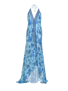 Ble Φορεμα Αμανικο Τυρκουαζ/μπλε με Σχεδια one Size (100%viscose Satin)
