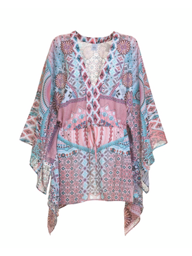 Ble Ολοσωμη Φορμα Κοντη με 3/4 Μανικι Λευκο/ροζ με Σχεδια one Size (100% Linen)