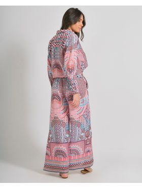 Ble Πουκαμισο Κοντο με Μακρυ Μανικι Λευκο/ροζ με Σχεδια one Size (100% Linen)