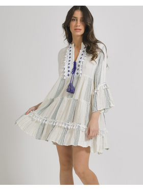 Ble Φορεμα σε Λευκο Χρωμα με Μπλε Σχεδια και Lurex ονε Size (100% Viscose)