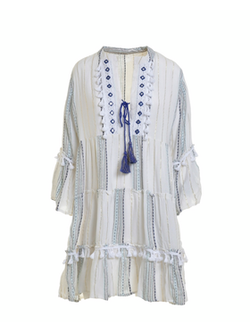 Ble Φορεμα σε Λευκο Χρωμα με Μπλε Σχεδια και Lurex ονε Size (100% Viscose)