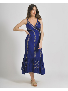 Ble Φορεμα Κρουαζe Αμανικο σε Μπλε Χρωμα με Χρυσα Σχεδια ονε Size (100% Cotton)
