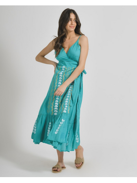 Ble Φορεμα Κρουαζe Αμανικο σε Πρασινο Χρωμα με Χρυσα/λευκα Σχεδια ονε Size (100% Cotton)