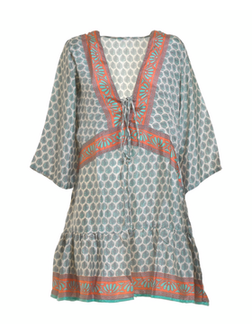 Ble Φορεμα Εκρου/χακι/πορτοκαλι με Σχεδια m/l (28%silk /72% Crepe)