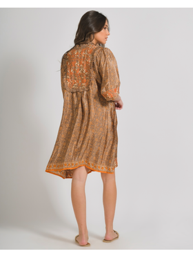 Ble Φορεμα σε Πορτοκαλι Χρωμα με Σχεδια Μακρυ Μανικι one Size (28%silk / 72%crepe)