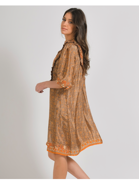 Ble Φορεμα σε Πορτοκαλι Χρωμα με Σχεδια Μακρυ Μανικι one Size (28%silk / 72%crepe)