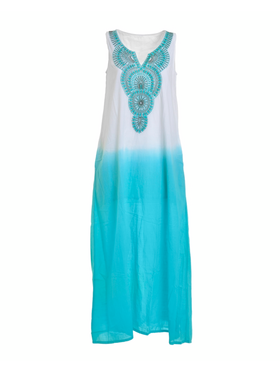 Ble Φορεμα Μακρυ Αμανικο σε Λευκο/βεραμαν Χρωμα με Κεντημα one Size (100% Cotton)