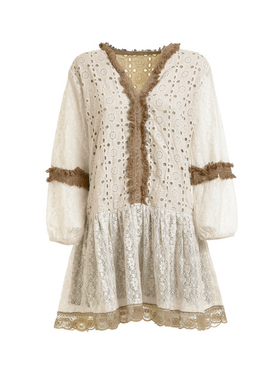 Ble Φορεμα με Μακρυ Μανικι σε Μπεζ Χρωμα me Δαντελα one Size  (100% Cotton) .