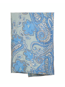Ble Φουλαρι σε Μπλε/γκρι Χρωμα με Χρυσες Λεπτομερειες 180x60 (100% Crepe)