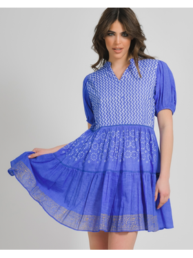 Ble Φορεμα Κοντομανικο Μπλε με Λευκα/χρυσα Σχεδια one Size (100% Cotton)