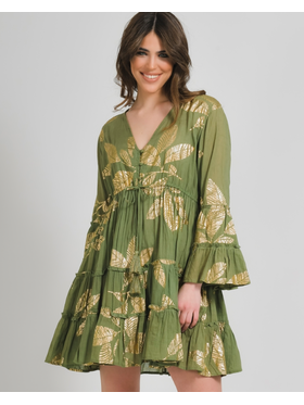 Ble Φορεμα Κοντο με Μακρυ Μανικι Χακι με Χρυσα Φυλλα one Size (100% Cotton)