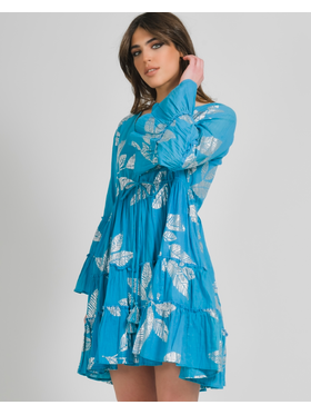 Ble Φορεμα Κοντο με Μακρυ Μανικι Γαλαζιο με Ασημι Φυλλα one Size (100% Cotton)