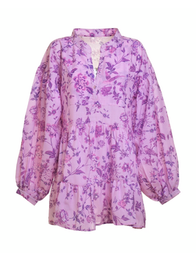 Ble Φορεμα Κοντο με Μακρυ Μανικι μωβ με Λουλουδια one Size ( 100%linen)