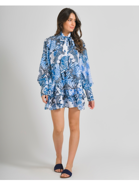 Ble Φορεμα Κοντο με Μακρυ Μανικι Λευκο Μπλε με Σχεδια one Size ( 100%linen)
