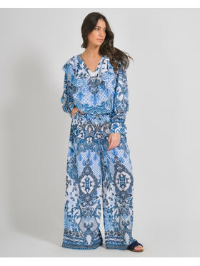 Ble Μπλουζα με Μακρυ Μανικι και Βολαν Λευκο Μπλε με Σχεδια one Size ( 100%linen)