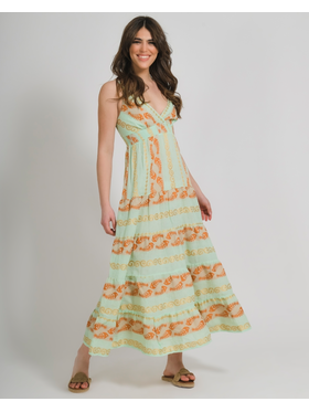 Ble Φορεμα Μακρυ Αμανικο Λαχανι με Χρυσα/πορτοκαλι Σχεδια one Size (100% Cotton)