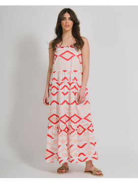 Ble Φορεμα Μακρυ Αμανικο Λευκο με Ροζ/κοκκινα Σχεδια one Size (100% Cotton)