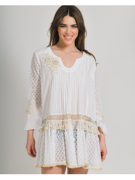 Ble Φορεμα/καφτανι σε Λευκο Χρωμα με Κεντημα one Size (100% Cotton)