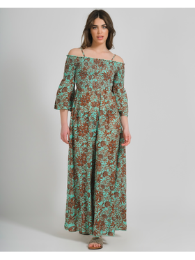 Ble Φορεμα Μακρυ me Manikia σε Καφε/πρασινο Χρωμα με Λουλουδια one Size (100% Cotton)